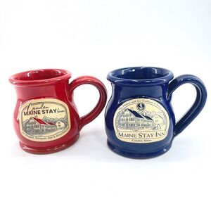 2 Deneen Pottery‎ Maine Stay Inn Camden Squat Mug Red Blue Hand thrown Stoneware
